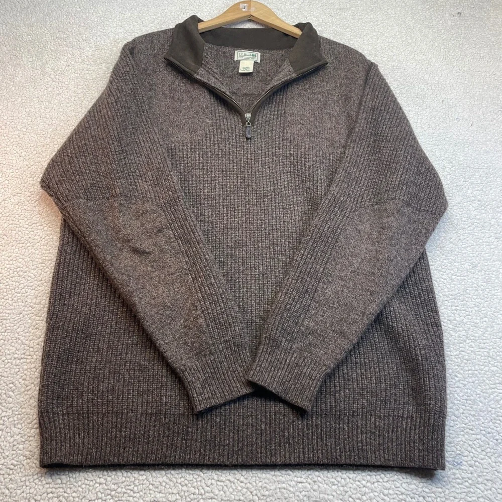 LL Bean Sweater Mens L Tall Brown Merino Lambswool 1/4 Zip Ribbed Knit 237814